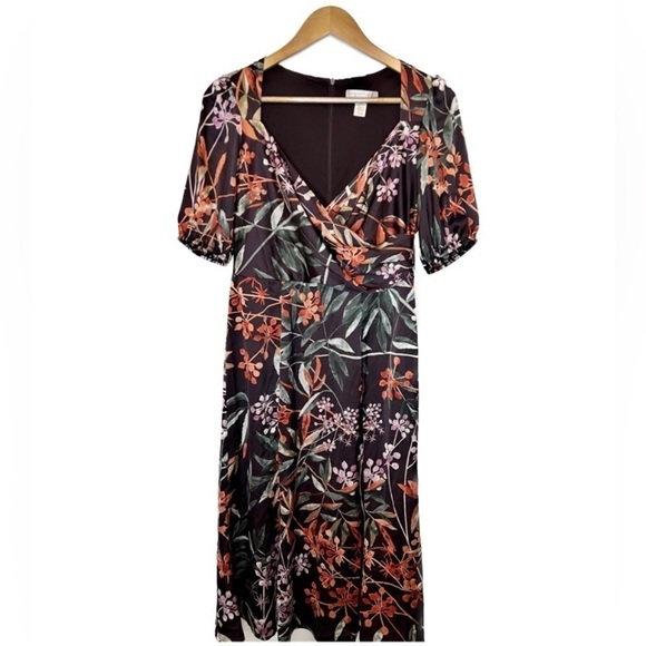 London Times Burgandy Floral Satin Faux Wrap Dress Bloused Sleeves Sz 4 NWT - Picture 1 of 12